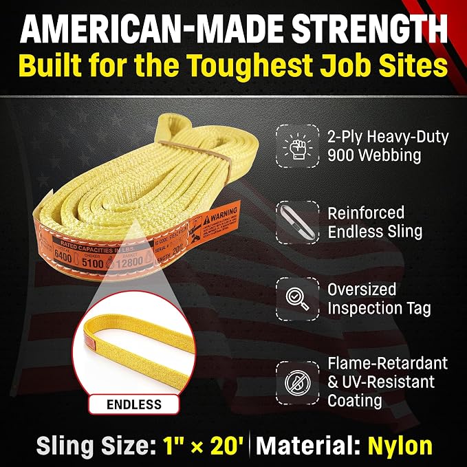 DD Sling 1" x 20' Nylon Endless Lifting Sling – USA Made, 6,400 lb Vertical, 5,100 lb Choker, 12,800 lb Basket – 2 Ply Heavy Duty 900 Webbing, Type 5 Endless Rigging Sling