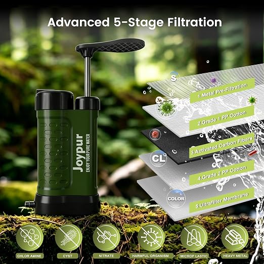 Outdoor Water Purifier Pump,3-Stage Water Filter,0.01 Micron Emergency Portable Water Filtered for Hiking,Survival Gear,Camping, Hiking, Backpacking