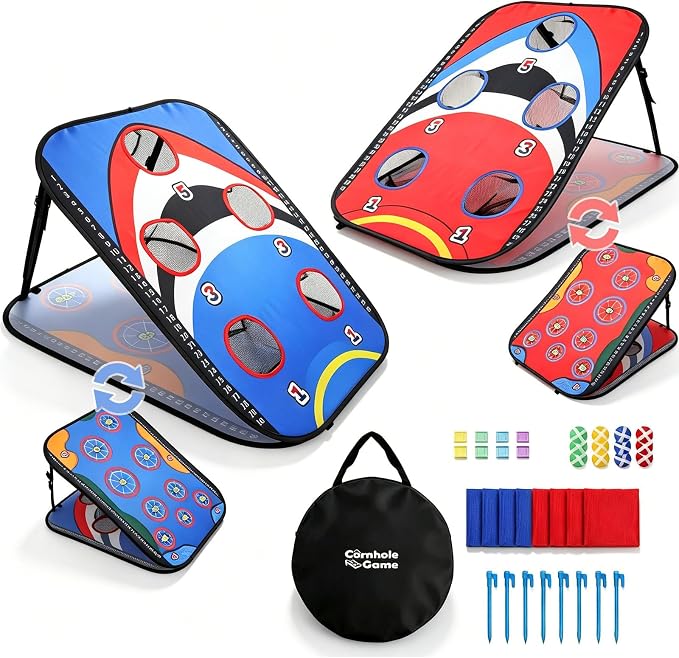 ROSE ME Cornhole Board Set, Portable Collapsible 5 Holes & Double Sided 3x2 ft Corn Hole Boards with 8 Bean Bags 12 Sticky Balls Free Carry Case, Adults Outdoor Toss Games for Yard, Beach, Lawn