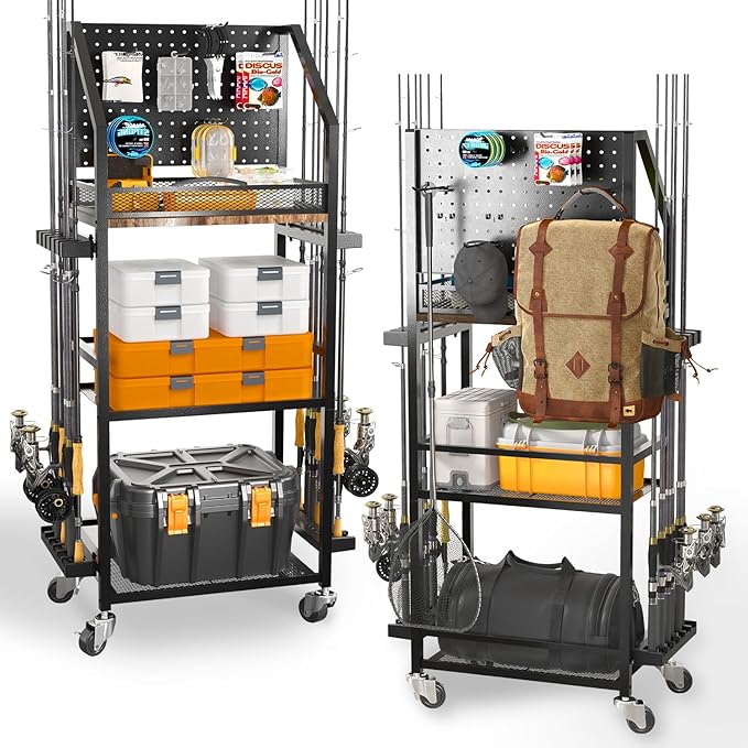 SOYEEZE Fishing Rod Holders for Garage, 3-Tier Fishing Pole Rack with Pegboard and Metal Mesh Fence, Fishing Gear Organizer with Hooks Up to 12 Rods, Rolling Fishing Storage Cart with Lockable Wheels