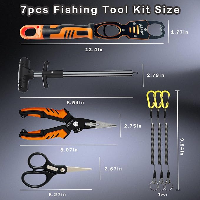 Selake 7 PCS Complete Fishing Tools Set, Fish Lip Gripper with Scale, Fishing Pliers, Hook Remover, Line Cutter & Scissors, Corrosion Resistant for Saltwater Freshwater Kayak Ice Fishing