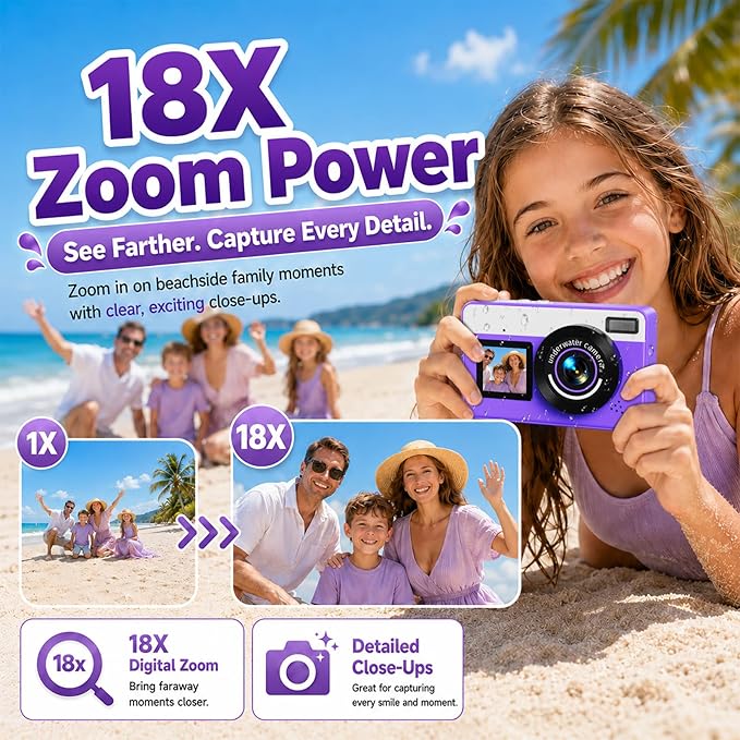 Maxmango D70 Underwater Camera, 10FT Waterproof Digital Camera for Pool & Beach, 4K 48MP Teens Underwater Cam with Dual Screens, Autofocus, 18X Zoom, Floating Camera for Boys Girls Purple(16GB)