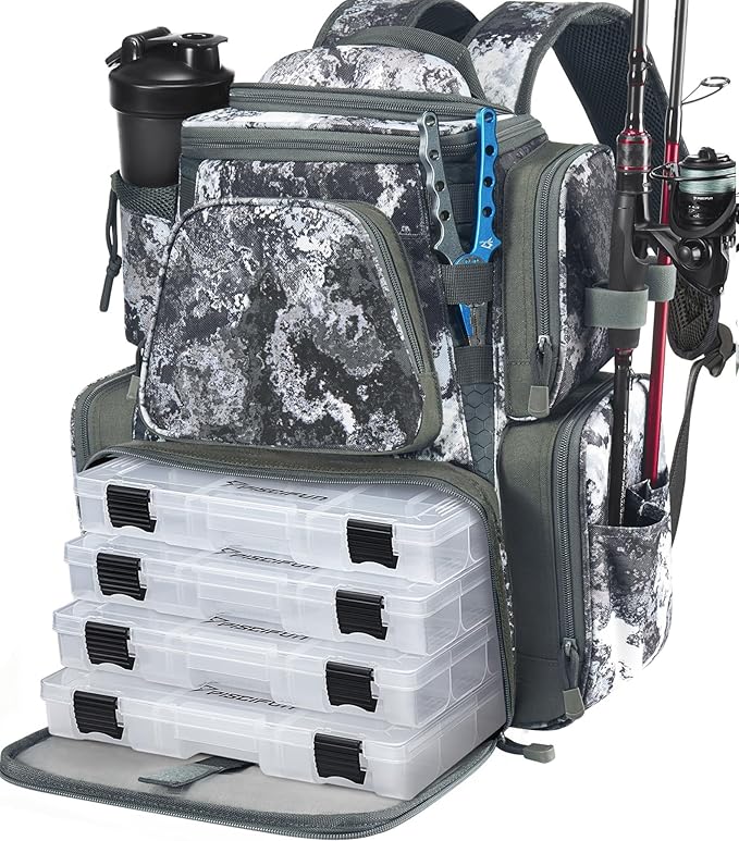 Piscifun Fishing Backpack with 2 Rod Holders & 4 Tackle Boxes, Large Tackle Storage Bag With Rain Cover for Fishing Gear