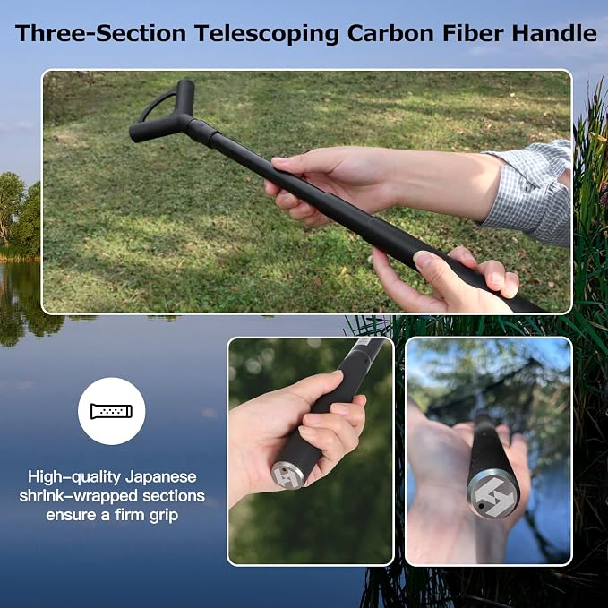 Landing Net for Carp Fishing, 32 Inch Large Fishing Net, 6 Feet Telescoping Carbon Fiber Long Handle Saltwater Big Fish, Holds Up to 88lbs/40kgs, Olive Green, Supplied with Carry Bag