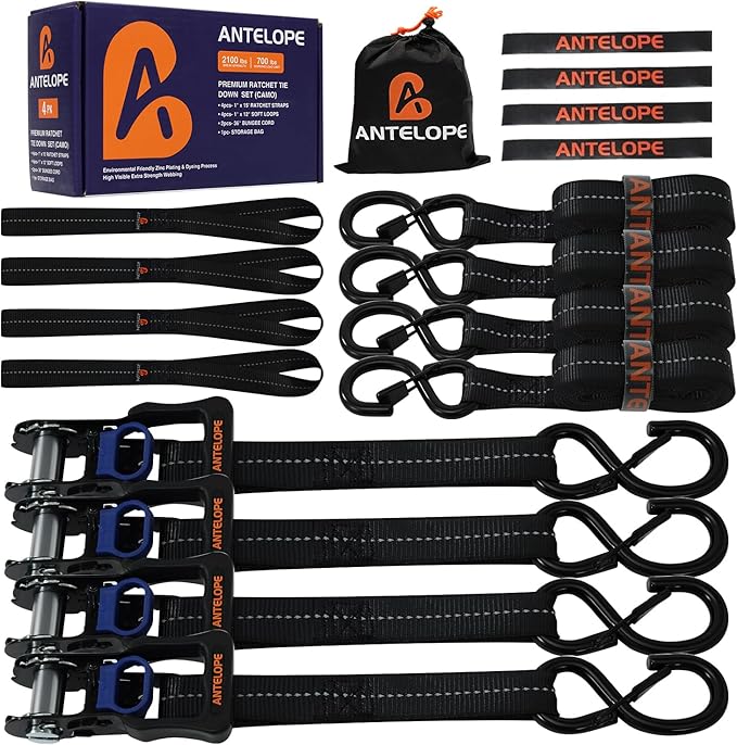 Ratchet Tie Down Straps Set, 2100 LBS Breaking Strength, 4 Pack 1" x 15' Heavy Duty Ratchet Straps, Cargo Strap, Motorcycle Straps for Trucks, Bicycle, Kayak, Moving, Tie Downs with S Hooks, Black