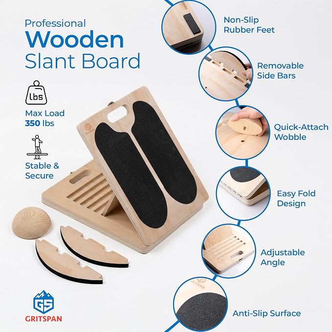 3-in-1 Slant Board for Calf Stretching, 180°/360° Adjustable Balance Board & Wobble Board with Training Poster, Squat Wedge, 5 Angle Wooden Incline Board, Physical Therapy, Home Gym Fitness