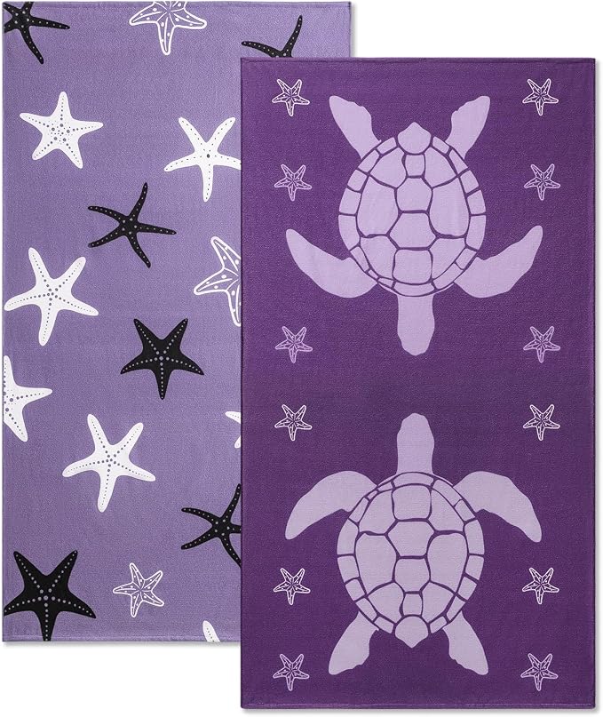 4 Pack Oversized Beach Towels 4 Pack,40”x70” Microfiber Thin Large Beach Towel Set for Adults Travel Camping Swimming,Turtle Starfish Them Sand Free Quick Dry Lightweight XL Pool Towels,Purple
