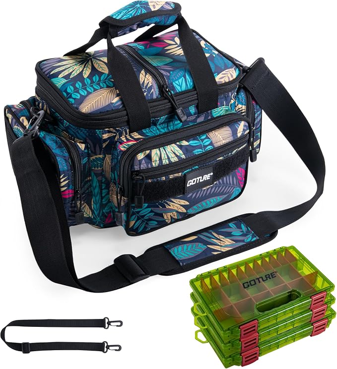 Goture Fishing Tackle Bag with 3PCS 3600 Green Tackle Boxes | 600D Water-Resistant, Soft Side Cross Body Sling Bag, Saltwater Gear Storage,Padded Shoulder Strap