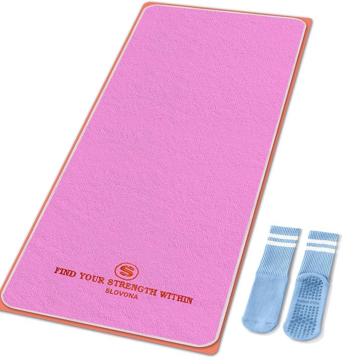 Upgraded Yoga Mat Towel with Bonus Grip Socks, Orchid Purple | Elegant Embroidered, 1-Second Sweat Absorption & Non-Slip | Machine Washable Microfiber | Hot Yoga, Pilates | 73''*27.6''