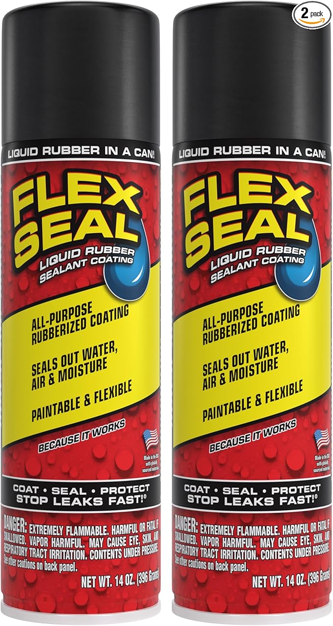 Flex Seal, 14 oz, 2-Pack, Black, Stop Leaks Instantly, Waterproof Rubber Spray On Sealant Coating, Perfect for Gutters, Wood, RV, Campers, Roof Repair, Skylights, Windows, and More
