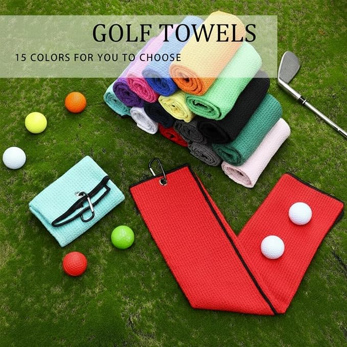 Batiyeer Golf Towels Bulk for Bags 16'' x 24'' Microfiber Waffle Pattern Golf Towels Trifold with Clip for Hiking,Tournament, Yoga