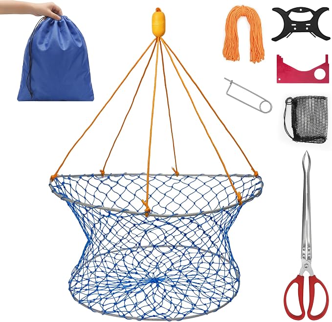 Collapsible Crab Trap Foldable Double Ring Crab Trap,Stainless Steel Ring Crabs Net Portable Crabbing net Set for Easy Storage with 100ft Rope,Bait Bag, Clip,Gauge for Dungeness, Rock and Blue Crabs