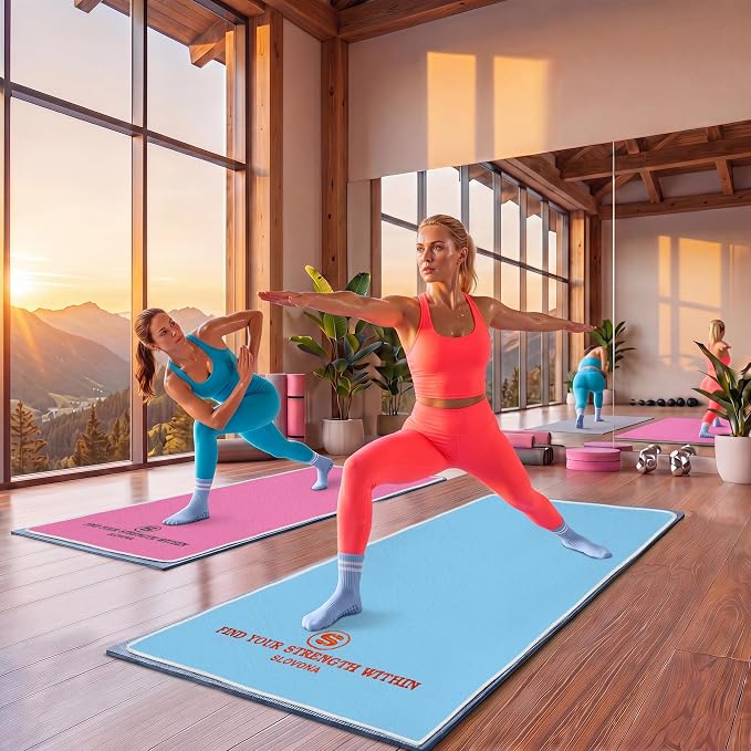 2 Pack Yoga Mat Towels with Bonus Grip Socks, Sky Blue + Rose Pink | Elegant Embroidered, 1-Second Sweat Absorption & Non-Slip | Machine Washable Microfiber | Hot Yoga, Pilates | 73''*27.6''