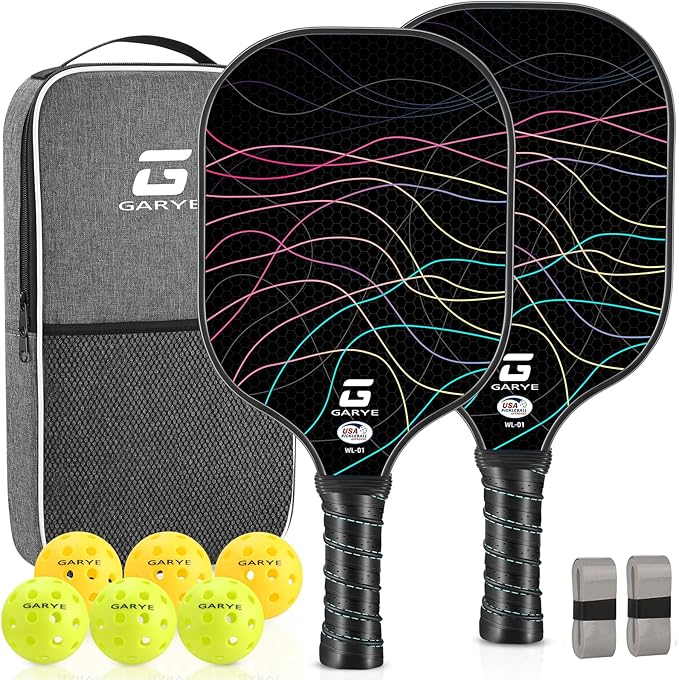 GARYE Pickleball Paddles Set of 2 or 4, USAPA Approved Carbon Fiber Pickleball Set, Lightweight Pickle Ball Rackets 2 Pack with 6 Balls, 1 Bag, Pair of Grip Tapes, Pickle Ball Paddle for Men and Women
