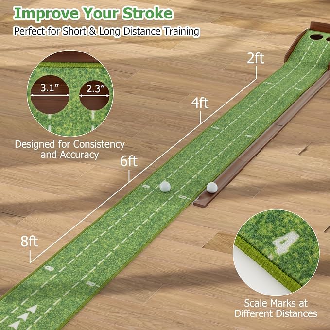 GYMAX Putting Mat, Golf Putting Green Indoor with 2/3 Hole, Golf Practice Mat with Auto Ball Return, Golf Training Aid Putter Alignment for Home Office, Golf Accessories Gift