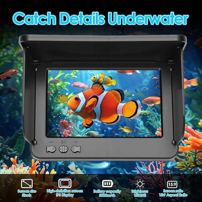 Underwater Fishing Camera with Monitor, Portable Fish Finder Camera 8000mAh Battery, 195° Wide Angle Ice Fishing Camera with Night Vision Fish Finder Camera for Boat Kayak Fishing