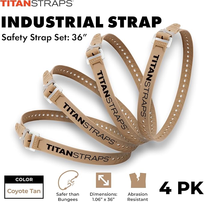 Titan Industrial Straps – Safety Strap Set to Secure Splits, Cargo Bikes, Garden Hoses, Wood Working Projects – 70 lb. Working Load, 36" Length, 4-Pack Coyote Tan