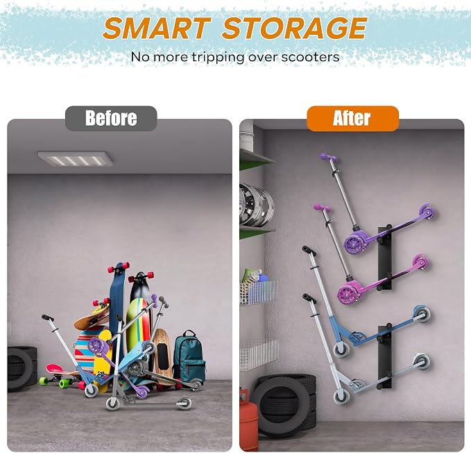 Scooter Wall Mount - Storage Rack Garage for 2 Scooter Hanger Holder for Adult/Toddler/Kids/Trick