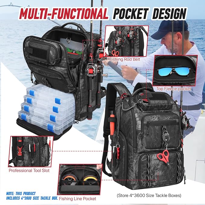 Fishing Tackle Backpack,Tackle Bag with 2 Rod Holders & 4 Tackle Boxes, Water-Resistant Large Storage Fishing Gear and Equipment, Fisher Gifts for Men, Black Camo