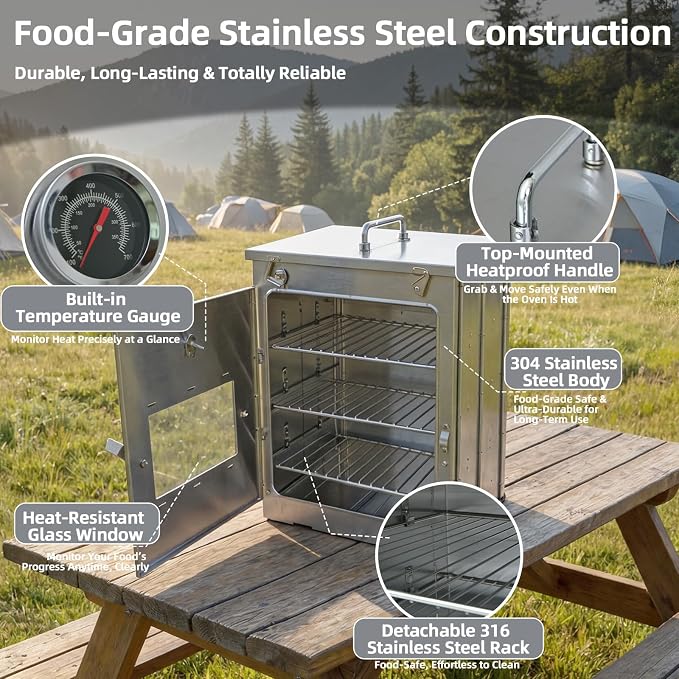 16-Inch H Folding Camping Oven - 3-Tier Grates, Portable Stainless Steel Grill for Baking Bread, Muffins & BBQ, Compatible with Wood-Burning & Propane Stoves