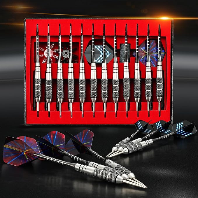 WINSDART Darts Metal Tip Set Professional Metal Darts for Dartboard Steel Tip Darts with Nonslip Iron Barrel Aluminum Dart Shafts,Extra Flights,Dart Sharpener,Gift Box