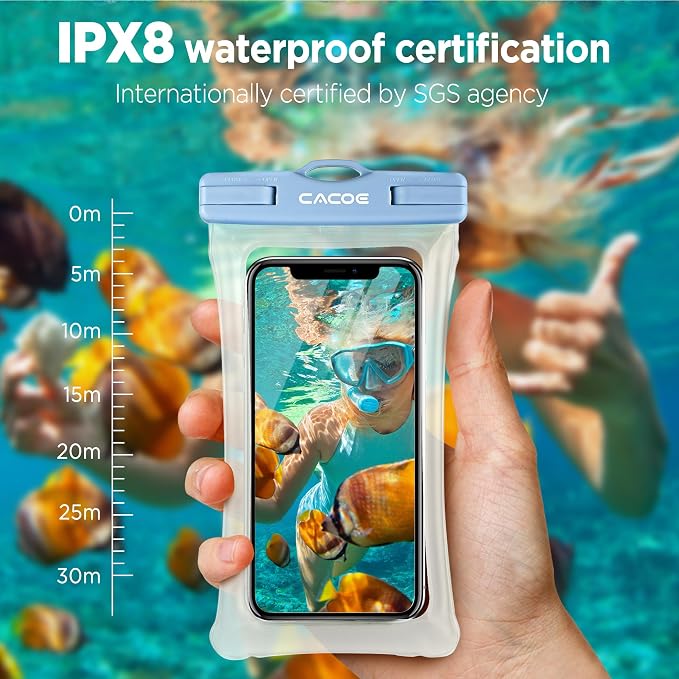 CACOE [Floatable] Floating Universal Waterproof Phone Case 2 Pcs-Up to 7.0",Waterproof Phone Pouch with Adjustable Neck Lanyard,IPX8 Cellphone Dry Bags for Beach Pool Swimming（White+Blue）