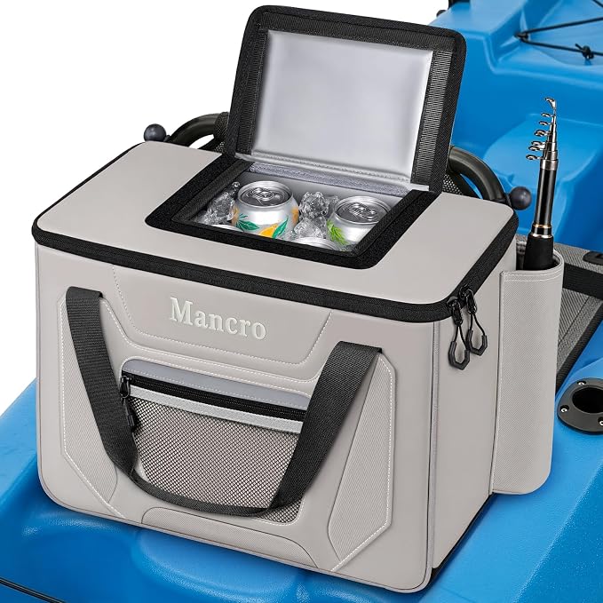 Mancro Kayak Cooler Behind Seat, 24 Cans Kayak Fishing Accessories for Lawn Chair Seat, Leakproof Cooler for Kayak with Quick-Access Top Hatch and Fishing Rod for Kayaking, Beach, Picnic
