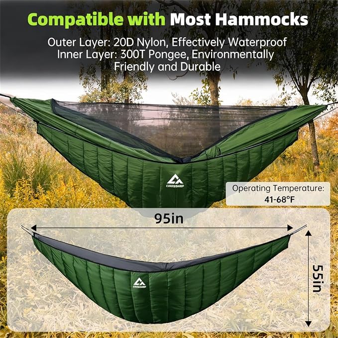 Hammock Underquilt for Camping Hammock, Full Length Camping Quilt for Lightweight Soft Warm 3-4 Seasons 41-68°F, Great for Hiking Backpacking Traveling(Hold Up to 500lbs) - Forest Green