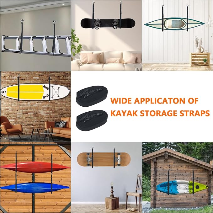 Kayak Storage Strap,Kayak Hanging Straps 1in/1.5in Wide,Adjustable Kayak Wall Mount Straps,Kayak Storage Strap System With Paddle Loops for Hanging 1or 2 Kayak,Paddle Board,Surfboard,Canoe(2/4 Pack)