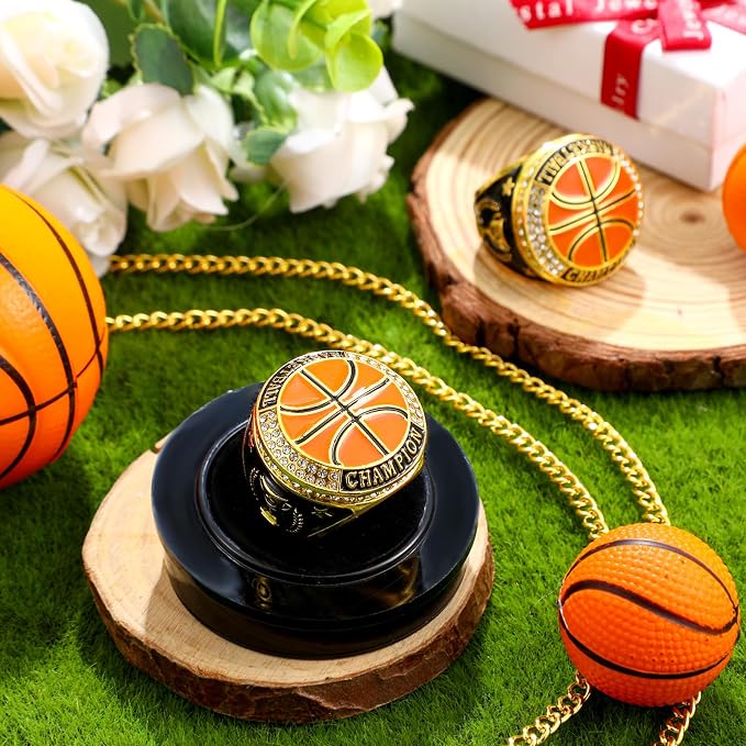 Highergo 1 PC Champion Mvp Rings Baseball Soccer Basketball Volleyball Football Softball Trophy Ring with Display Stand and Neck Chain Size 11 for Winner Tournament Award Gift(Baseball)