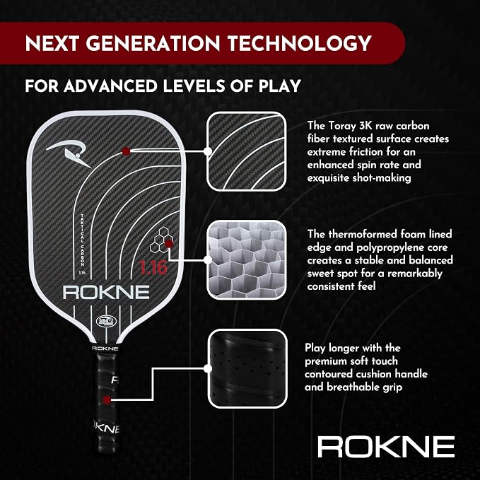 ROKNE Taktical Carbon Series, Pickleball Paddle, 3K Raw Carbon Fiber, Thermoformed Foam Lined Edge, 13MM or 16MM, USAPA Approved Pickleball Racket, High Grit Texture, Max Spin