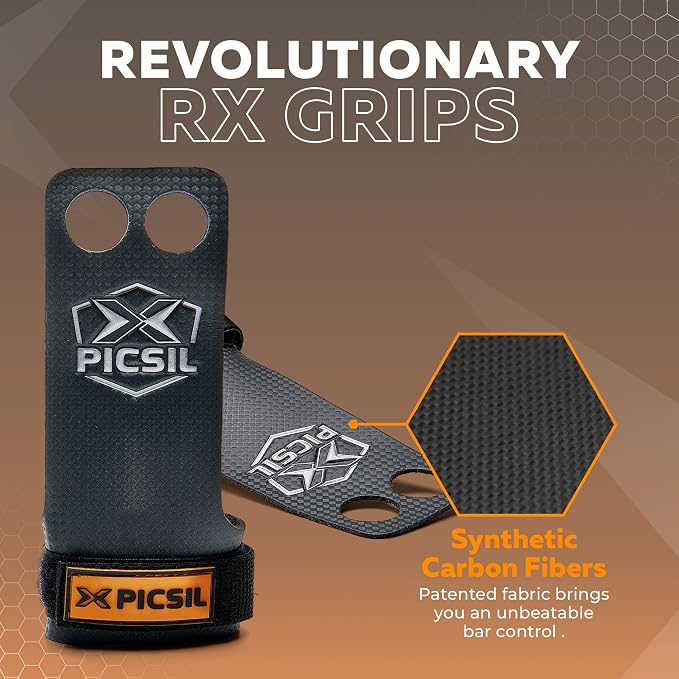 PICSIL - RX Grips | Synthetic Workout & Gymnastics Grips | Ultra-Resistant Carbon Fibre for Cross Training | Helps Prevent Tears & Blisters | Carbon Fibre Material | Use wiht Chalk |