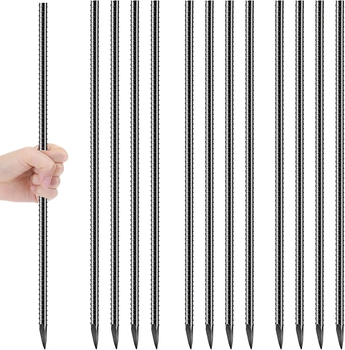 Jetec 12 Pcs 24 Inch Black Ground Rebar Stakes Heavy Duty Ground Anchors Steel Plant Support Garden Stake Long Straight Metal Spikes with Chisel Point End for Garden Concrete Plant Tent
