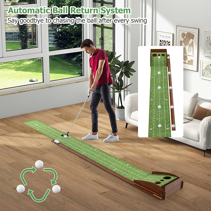 GYMAX Putting Mat, Golf Putting Green Indoor with 2/3 Hole, Golf Practice Mat with Auto Ball Return, Golf Training Aid Putter Alignment for Home Office, Golf Accessories Gift