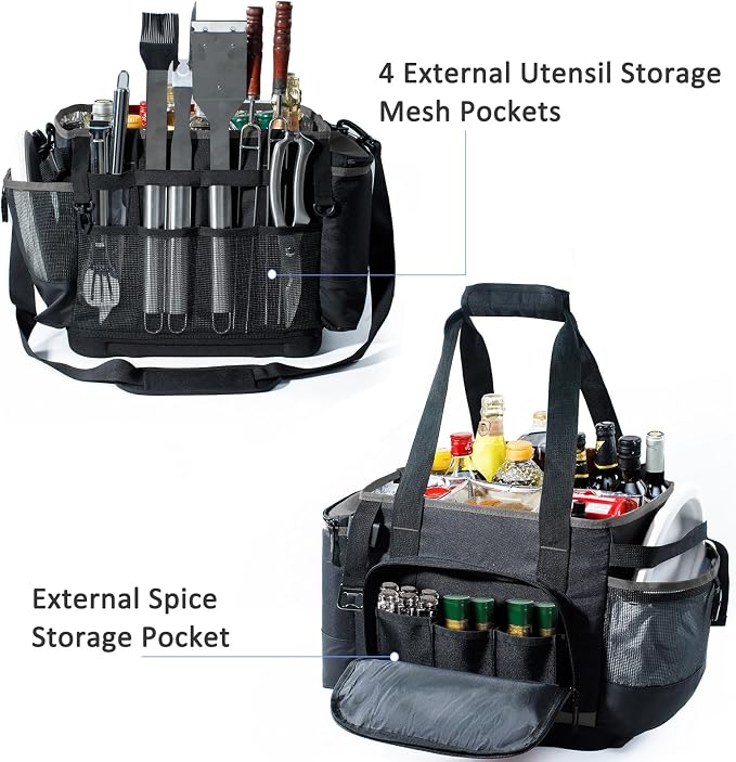 Large BBQ Organizer with Molded Hard Base, Compatible with Blackstone Outdoor Utensil Bag for Camping, Picnic & Tailgating, Portable Cooking Accessories Tote, Gift for Men