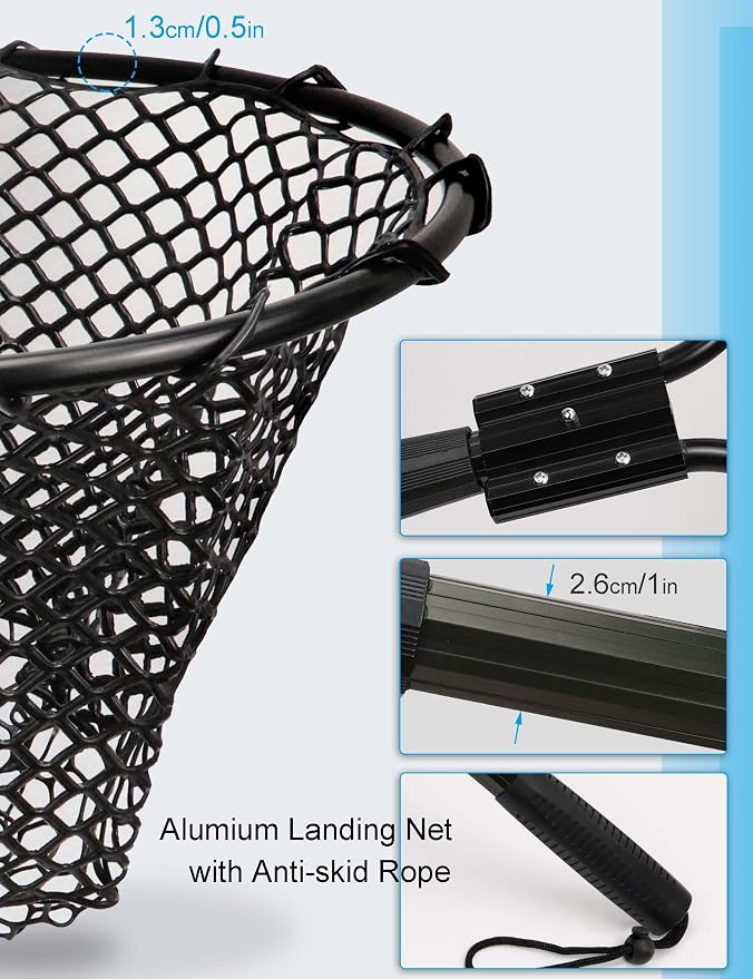 Hlotmeky Extra Long Fishing Net - 70" Telescoping Handle Large Rubber Landing Net for Kayak, Pier & Boat - Foldable Heavy Duty Saltwater Net - Catch & Release Snag-Free Mesh for Large Fish