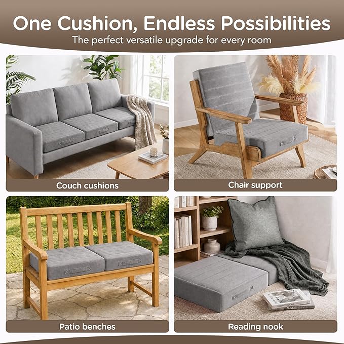 Codi Thick Replacement Couch Cushions 2 Sets, Upholstery Foam with Washable Covers for Sofa Cushion Chair Meditation - 24 × 24 × 5 Inch, High Density Foam, Grey