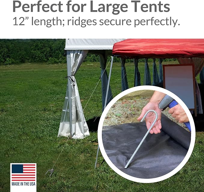 Pinnacle Mercantile 100 Pack Anti Rust Rebar Stakes J Hook Heavy Duty Galvanized Steel Ground Anchors 12 inch Long 3/8 inch Round Chisel Point End Made USA
