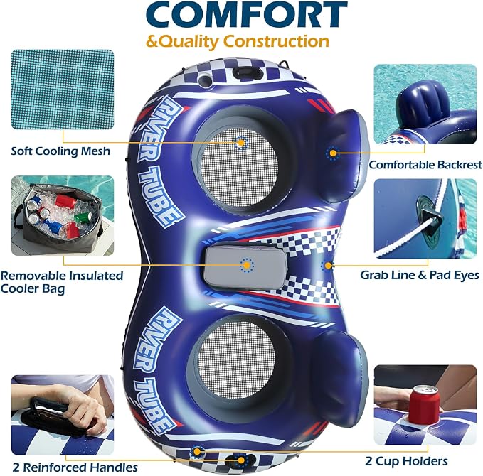 Jasonwell Inflatable River Tube Float - 2 Person Heavy Duty River Float Pool Floats with Removable Cooler Lake Water Tubes for Floating River Raft Lounge Floatie with 2 Cup Holders for Adults (D-Blue)