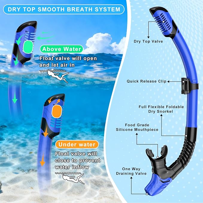 Snorkeling Gear for Adults, Mask Fin Snorkel Set, Dry Top Snorkel Mask, Panoramic View Anti-Leak Anti-Fog 3 in 1 Snorkeling Kit Travel Diving Package with Storage Bag