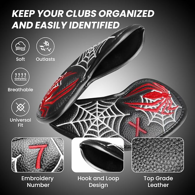 FINGER TEN Premium Synthetic Leather Stylish Iron & Wedge Golf Head Covers Value 12 Piece Set, Embroidered Labels & Fits Most Clubs Gift Set, Travel Protection Accessories
