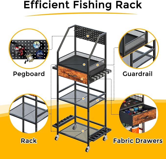 Fishing Rod Holder Organizer with Fabric Drawer & Pegboard, Space-Saving Garage Storage for 12 Rods, Reels, Tackle Boxes, Portable Fishing Gear Cart for Easy Access & Mobility
