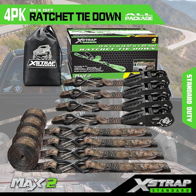 XSTRAP STANDARD 4-Pack Ratchet tie-Down Straps (1" x 15 ft) Feature Integrated Soft Loops, Padded Handles, Coated S-Hooks with Safety Clips, 1890 lbs Break Strength for Motorcycles, Trucks(Camouflage)
