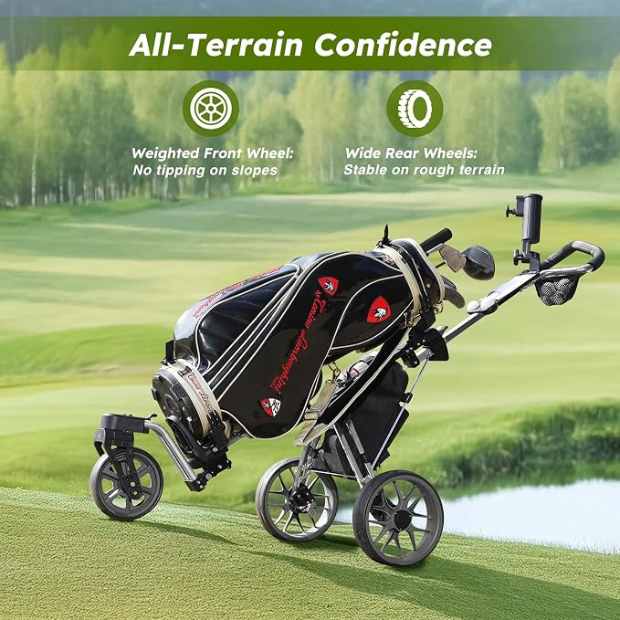 360 Golf Pull Cart: Lightweight Folding Swivel 3 Wheels Golf Caddy with Foot Brake, Cooler Bag, Drink& Umbrella Holder, Gray