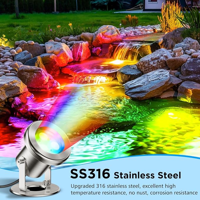 LyLmLe LED Pond Lights with APP Control & 12V Transformer | 6W SS316 Stainless Steel RGB Underwater Fountain Light, IP68 Waterproof Underwater Lights for Pond Waterfall, Black Wire
