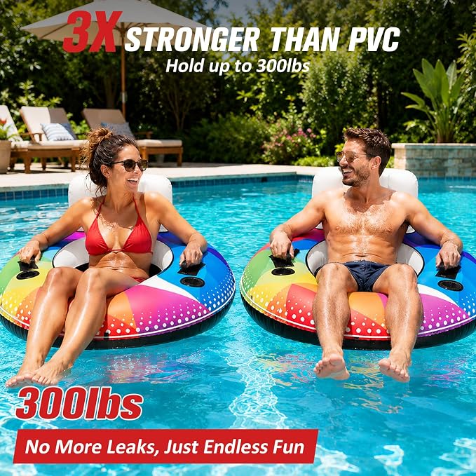 ZEALFEEL River Tube, 53'' River Float Tube with Premium Canvas Cover, Comfortable Backrest, 2 Built-in Cup Holders, Tow Strap & Handles, Inflatable PVC Water Inner Tubes for Adults Lake Pool Floating