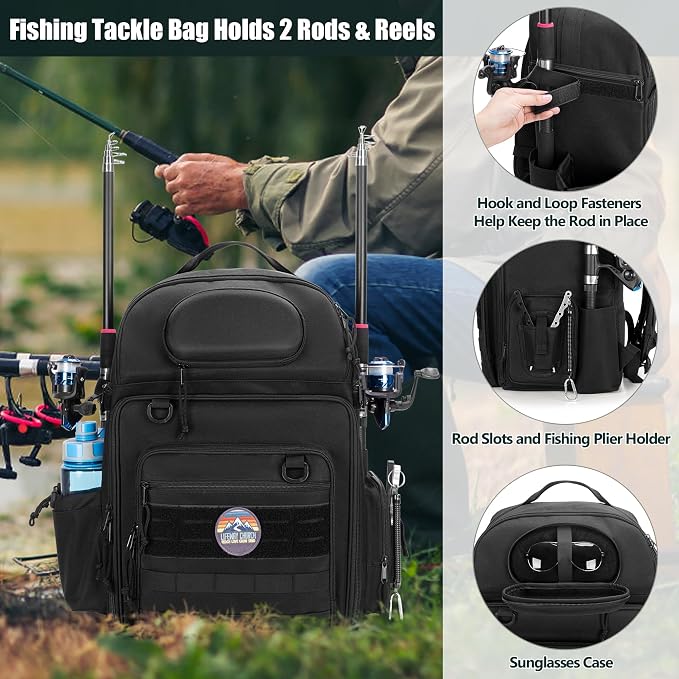 Rexmica 35L Fishing Tackle Backpack Bag with Cooler, Fishing Rod Bag Holds 2 Rods & Reels for Tackle Boxes or Other Fishing Gear, Fishing Pole Backpack, Black