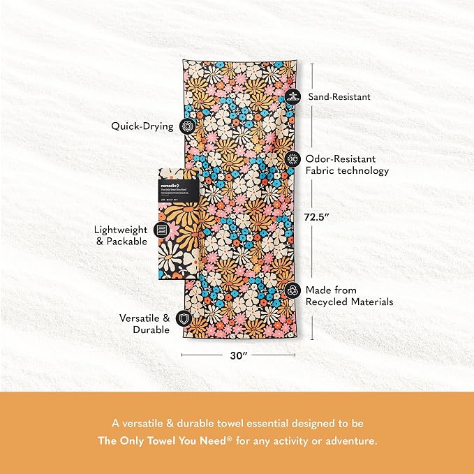 Nomadix Original Towel - Perfect for Beach, Pool, Travel, Camping, Yoga - Made with Recycled Materials - Super Absorbent - Sand Resistant - Hula Multi - 72.5x30