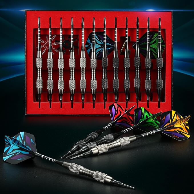Soft Tip Darts Set with Gift Box Dart Case Professional Darts Plastic Tip with 100 Dart Tips 12 Shafts 24 Flights Tool Kit Flight Protectors for Electronic Dart Board
