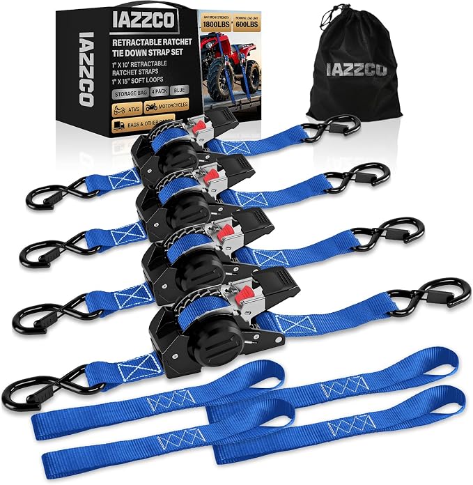 10FT Retractable Ratchet Straps(4-Pack) - 1 Inch (1800 LB Break Strength) Heavy Duty Self Retracting Ratchet Straps with Soft Loops & Storage Bag for Household, Motorcycle, Truck, ATV(Blue)